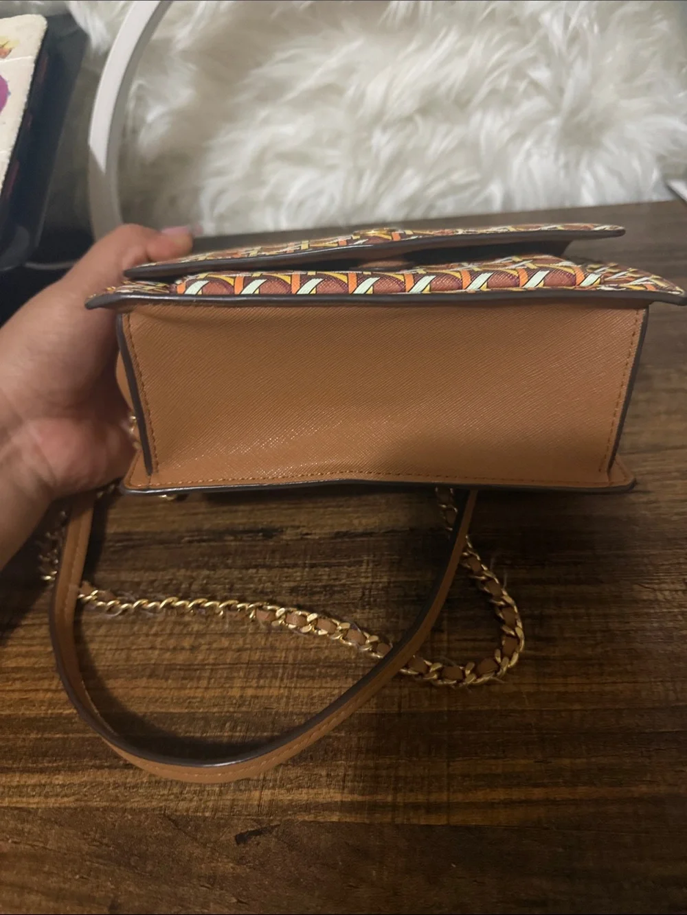Tory Burch Geometric Print Chain Crossbody in Brown and Yellow